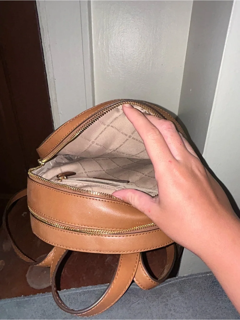 Michael Kors Brown Monogram Backpack with Tan Trim